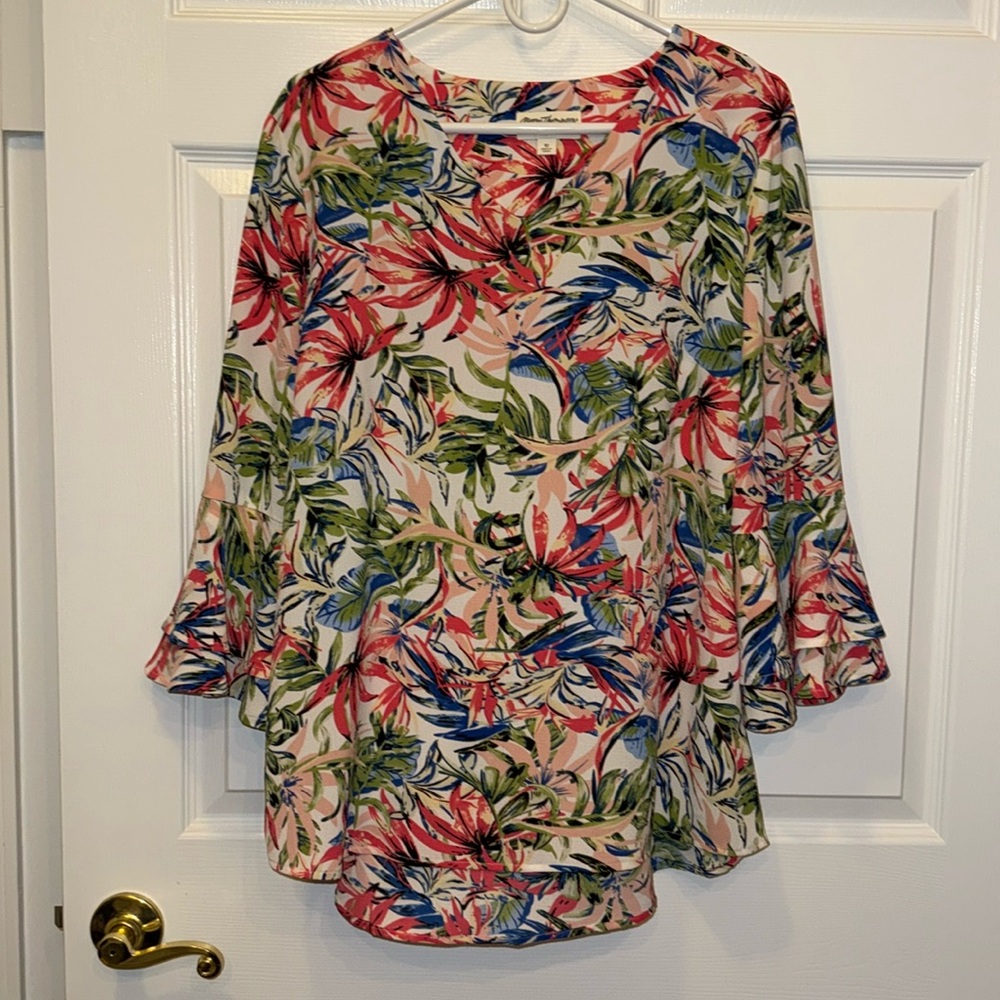 Norm Thompson Tunic Top Women’s 12 Multicolor Floral V-Neck 3/4 Bell Sleeve